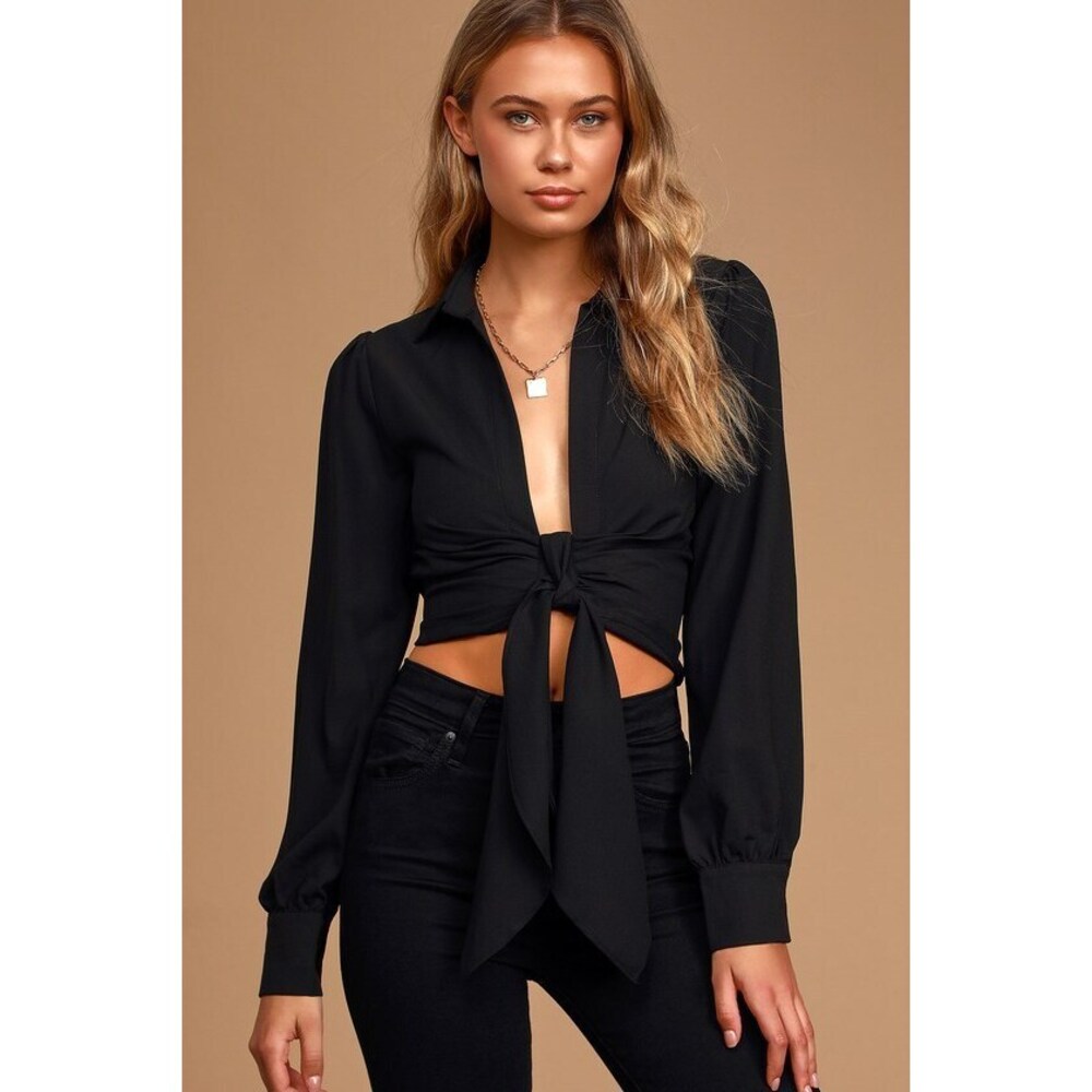 Lulus True Ambition Black Tie-front Long Sleeve Crop Top - Size S